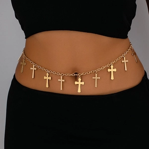 Minimalist Gold Alloy Body Chain With Textured Cross Pendants For Women Fashion Beach Holiday Style Waist Chain Jewelry Gift