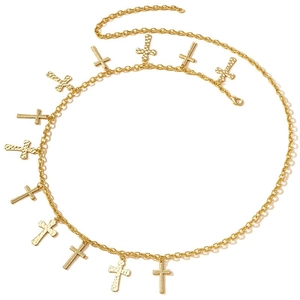 Golden waist chain with multiple cross pendants featuring hammered texture on white backdrop
