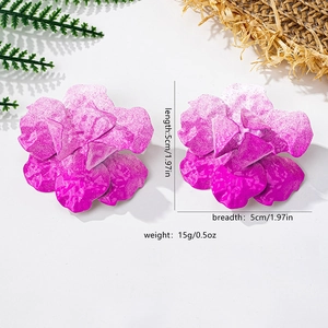 Detailed view of magenta purple flower stud earrings showing 5cm size and floral design