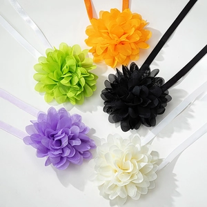 Set of five vibrant fabric rose chokers in orange, green, black, purple and beige tones