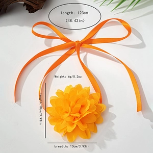 Detail view of large orange fabric rose choker with long satin ribbons and dimensions