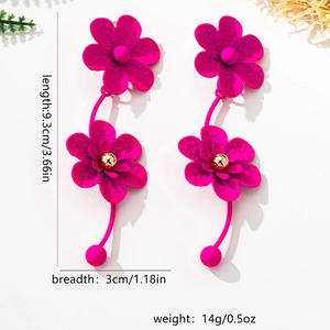 Detail view of 9.3cm oversized rose pink floral drop earrings with matte finish and dimensions