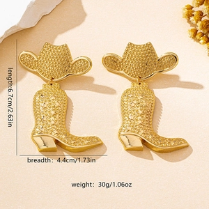 Detailed view of gold western cowboy hat and boot earrings with size specs and textures