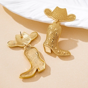 Detailed view of gold western cowboy hat and boot earrings with embossed star patterns