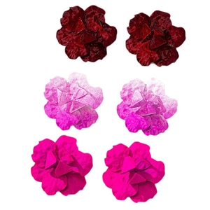 Three pairs of elegant multi-layer metal flower stud earrings in wine red and pink purple