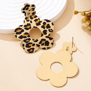 Detailed close-up of large leopard print flower earrings with golden metal backing details