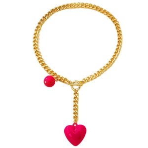 Golden chunky chain necklace with pink heart pendant and OT toggle clasp on white background
