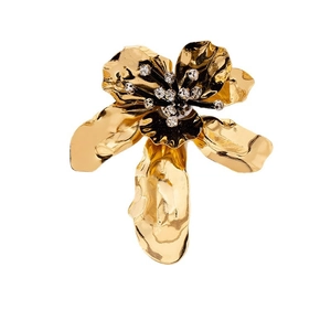 Elegant gold flower brooch with sparkling rhinestones and vintage petals for women