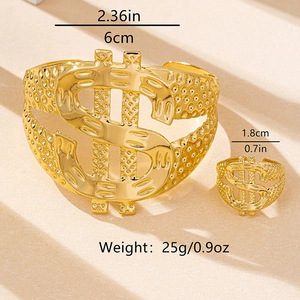 Detail of gold dollar sign open cuff bracelet and ring set with dimensions and weight