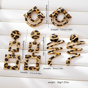 Detailed view of leopard print geometric earring set with square and spiral designs