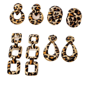 Geometric leopard print earring set featuring round hoops and square drop designs