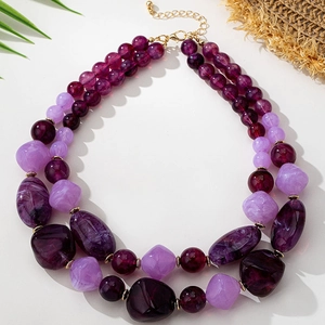 Boho purple multilayered beaded necklace set with faceted resin beads and gold clasp