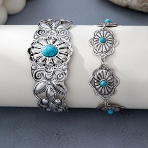 Bracciale rigido vintage con turchese e catena a maglie di girasole in argento antico