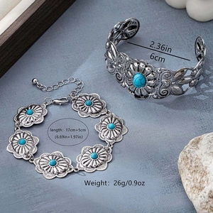 Set bracciale rigido con turchese e catenina a fiori in argento antico