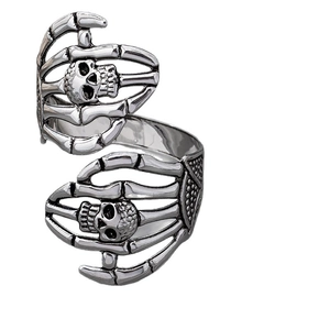 Bague ouverte gothique crâne et os de squelette en argent vieilli pour femme