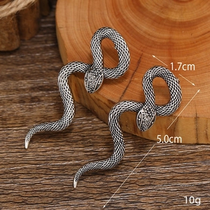 Antique silver punk snake earrings with detailed scale texture and hook design
