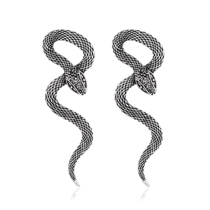 Punk style snake-shaped drop earrings with vintage silver finish and scale texture
