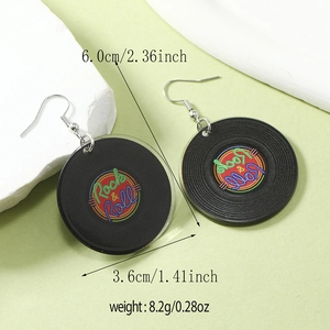 Detail of vintage acrylic vinyl record earrings with Rock & Roll rainbow print