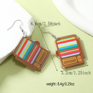 Detailed view of retro TV acrylic earrings showing precise dimensions and light weight