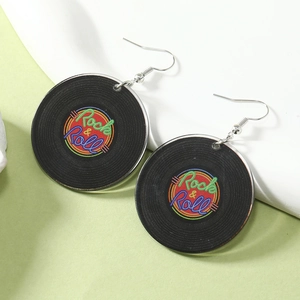 Detail view of acrylic vinyl record earrings with Rock & Roll text and silver hooks