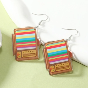 Creative acrylic drop earrings with retro TV design and colorful stripes pattern
