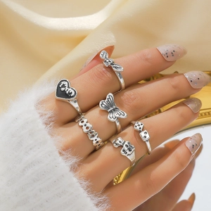 Vintage Antique Silver Alloy Heart Butterfly Skull Dice Wings Finger Rings Gothic Punk Jewelry For Women