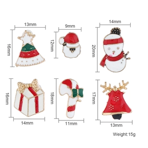 Christmas enamel earring set featuring Santa, snowman, and tree icons with size markers
