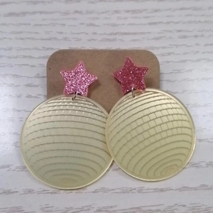 Retro disco ball star earrings with pink sequins and yellow acrylic star on kraft card