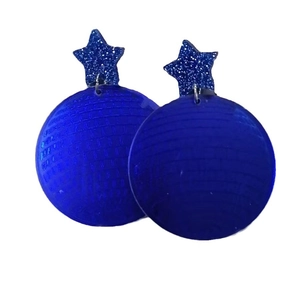 Vibrant blue disco ball star earrings with mirror laser finish and pentagram detail