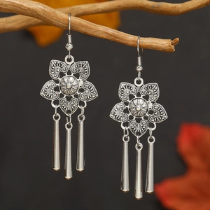 Ethnic style silver alloy hollow flower earrings with tassel cylinders on wooden branch