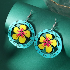 Bohemian acrylic round hoop earrings with painted floral patterns in teal and yellow