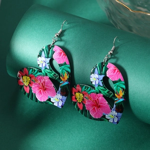 Exaggerated heart-shaped acrylic earrings with tropical floral patterns and metal hooks