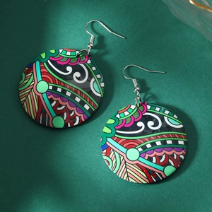 Bohemian round acrylic floral earrings with colorful geometric patterns and silver hooks