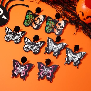 Gothic Halloween Butterfly Skull Acrylic Earrings For Women Dark Ghost Skeleton Printed Drop Dangle Festive Party Jewelry Accessories