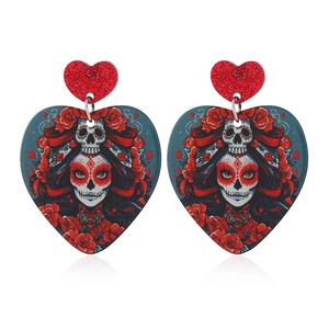 Orecchini a cuore Halloween in acrilico con teschio messicano e glitter rossi
