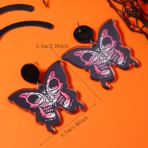 Detailed view of Halloween butterfly skull acrylic earrings with size 5.5cm by 4.7cm measurements