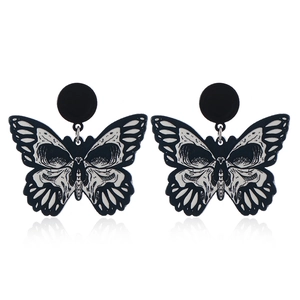 Gothic acrylic butterfly earrings with black and white skull pattern for Halloween
