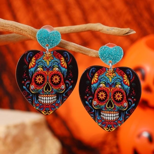 Orecchini di Halloween in acrilico Sugar Skull con perno a cuore glitterato blu-verde