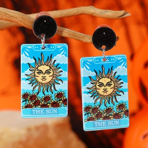 Cool Halloween tarot sun themed double-sided acrylic earrings with mystical blue print