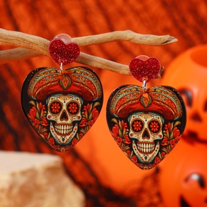 Orecchini a cuore per Halloween in acrilico con teschio messicano e glitter rossi