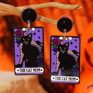 Cool Halloween tarot cat printed double-sided acrylic drop earrings on a wood branch