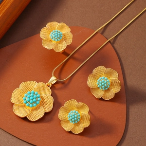 Goldenes Blumen-Schmuckset mit Mesh-Blütenblättern und blauen Perlen für Damen