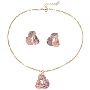 Elegantes Goldschmuck-Set mit Halskette und Ohrringen in violettem Emaille-Blüten-Design