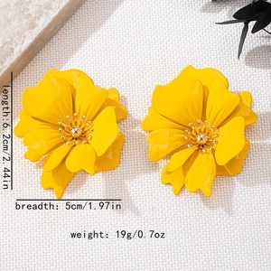 Detail view of yellow floral earrings with dimensions 6.2cm long and 5cm wide