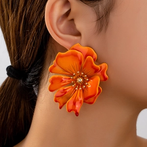Fashion Korean Style Large Flower Stud Earrings For Women Colorful Petal Alloy Earrings With Stainless Steel Earring Post Rhinestone Jewelry Gift