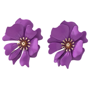 Fashionable purple petal earrings with layered 3D floral design and gold center accents
