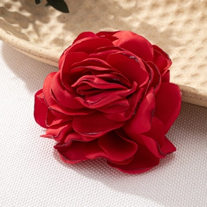 Three-dimensional red fabric rose brooch with elegant multi-layer silk satin petals