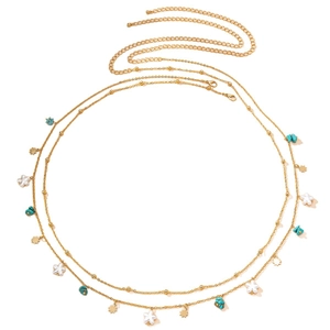 Double-layered gold body chain with turquoise stones and star charms for women