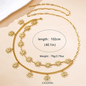 Detail view of gold waist chain with sun charms, showing size 102cm and weight 79g
