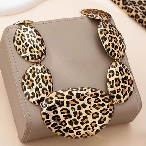Detailed close-up of leopard print link necklace on a jewelry display box